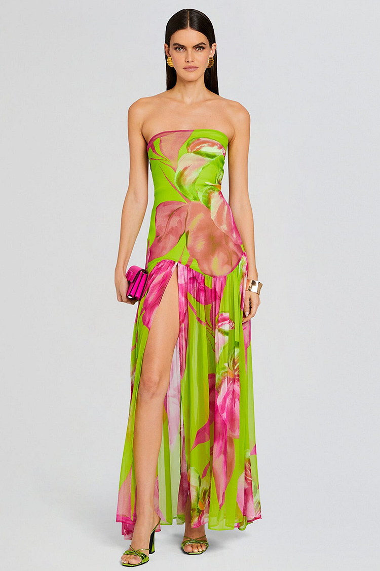Floral Print Slim Fit High Slit Vacation Maxi Tube Dresses-Green