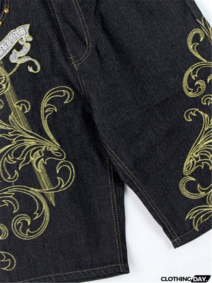 Trendy Street Style Loose Embroidered Comfy Cropped Pants For Men