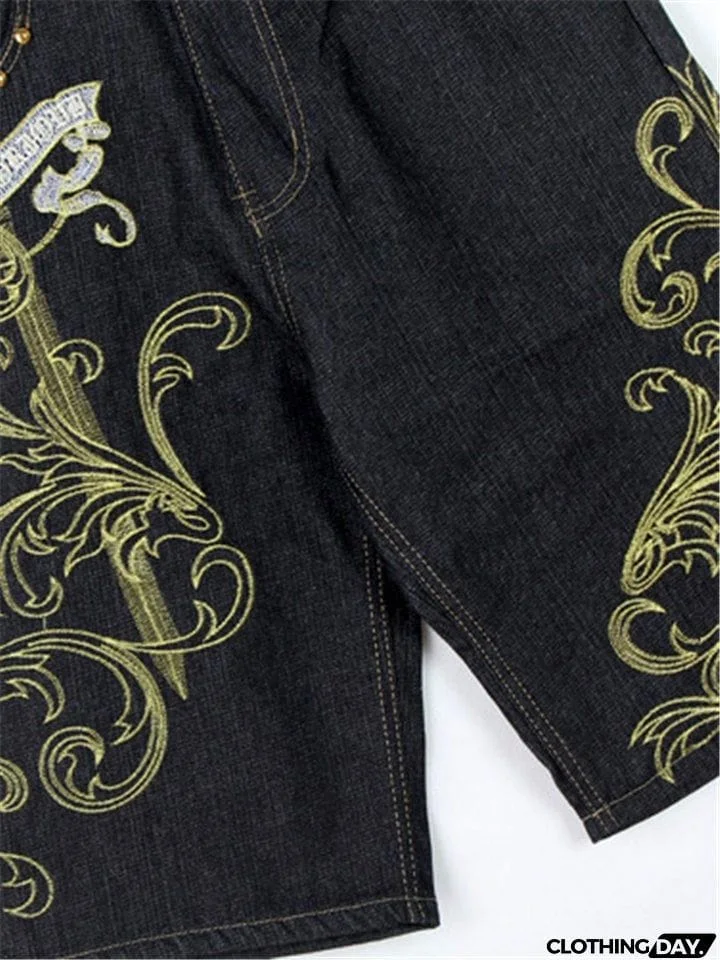 Trendy Street Style Loose Embroidered Comfy Cropped Pants For Men