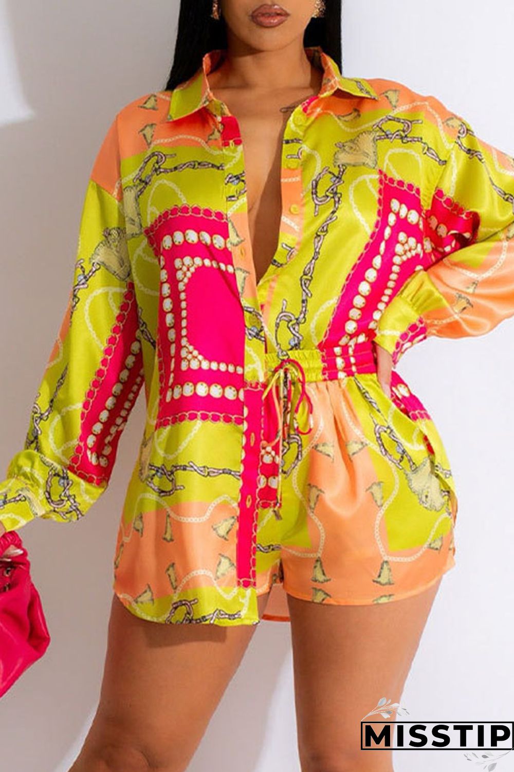 Yellow Casual Print Patchwork Buckle Turndown Collar Long Sleeve Two Pieces