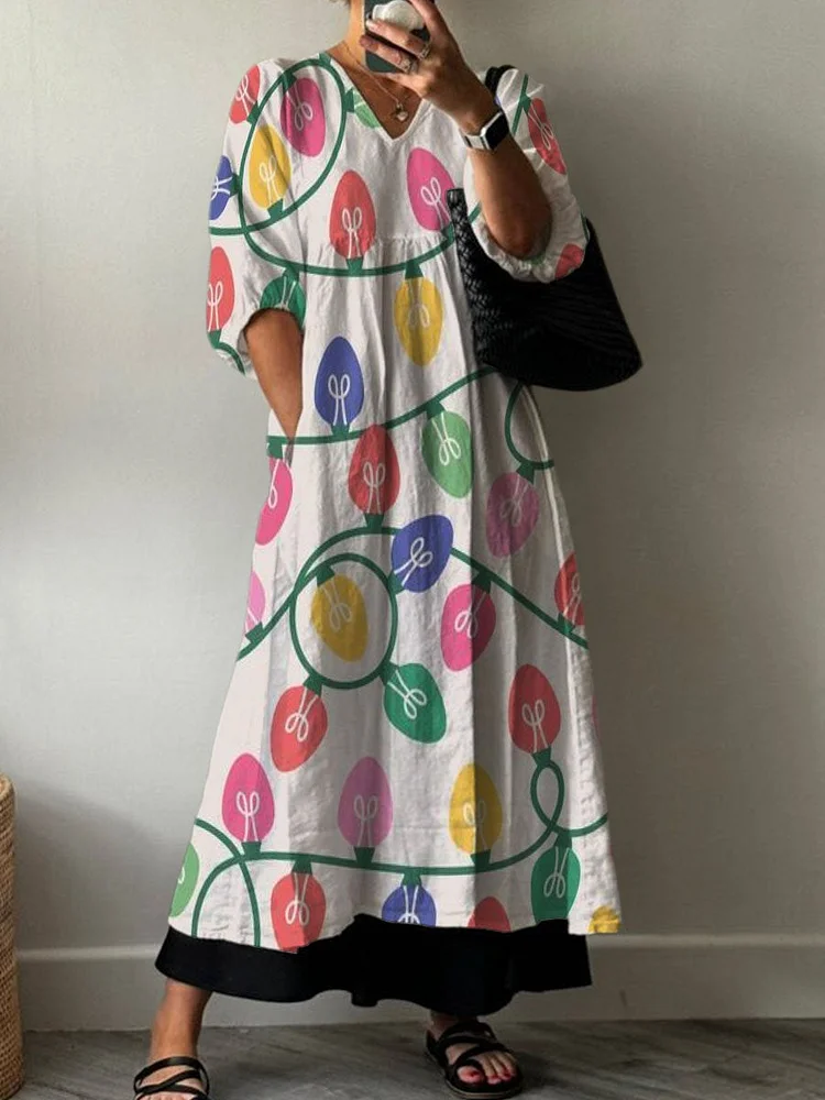 Simple Holiday Lights Decorative Pattern Pocket V-neck Cotton Dress