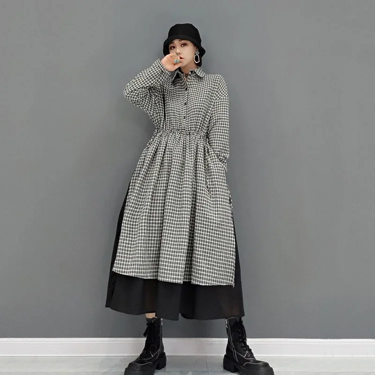 Loose Turn Down Collar Plaid Patchwork Drawstring Shrink Waist Pockets Long Sleeve Dress 