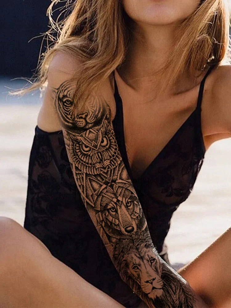 Large Arm Sleeve Tattoo Tiger Skull Owl Waterproof Temporary Tatto Sticker Fox Lion Body Art Full Fake Tatoo Women Men