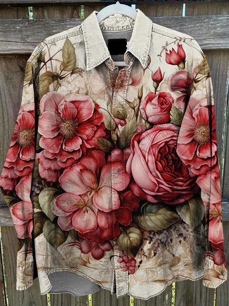 Unisex Retro Chic Floral Print Casual Shirt