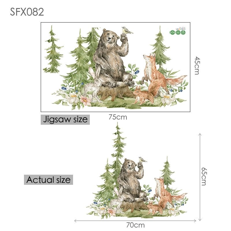 Nordic Cartoon Bear Fox Wall Sticker Treen Green Forest Animal Wall Decals for Children Room Boys Home Decoration Living Room