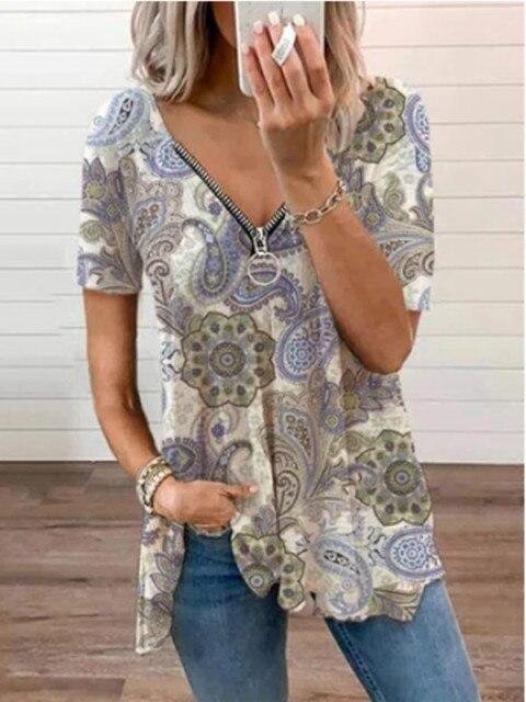 New Women Summer Blouse Zipper V-neck Print Short Sleeve Shirt Casual Fashion Blouses Loose Shirts Office Beach Tops Plus - Shop Trendy Women's Fashion | TeeYours