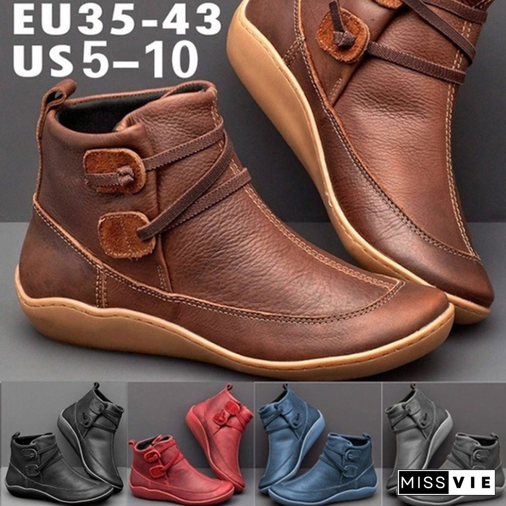 Women's Braided Strap Flat Heel All Season Boots Waterproof Leather Comfortable Flat Heel Boots Round Toe Ankle Boots