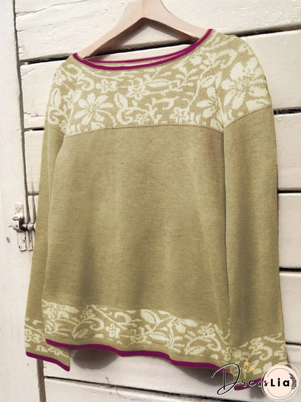 Apricot Long Sleeve Crew Neck Floral Cotton-Blend Shirts & Tops