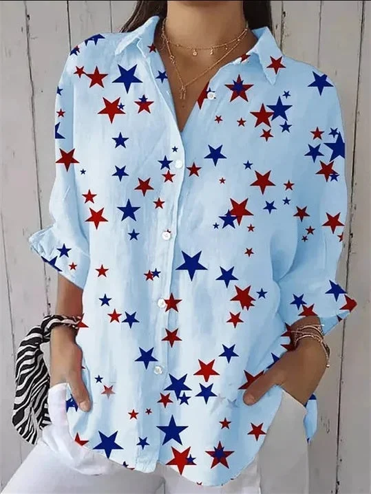 Women 3/4 Sleeve Shirt Collar Star Printed Graphic Button Tops