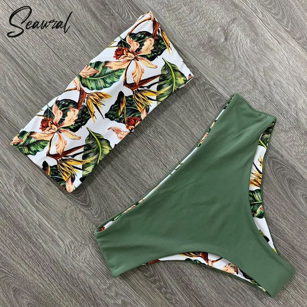 2020 New Sexy Low Hight Bikini Set Swimwear Women Bandeau Female Print Floral Strappy Swimsuit Bathing Suit Beach Wear Biquini