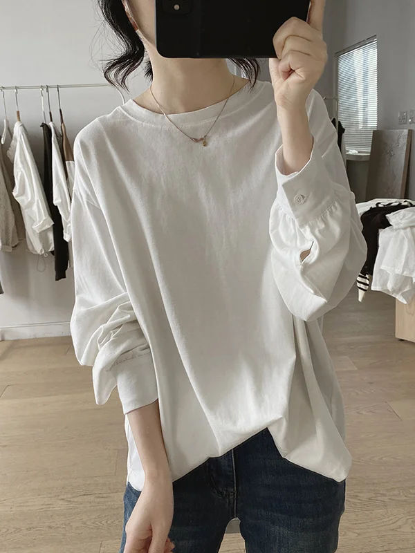 Long Sleeves Loose Solid Color Round-Neck T-Shirts Tops