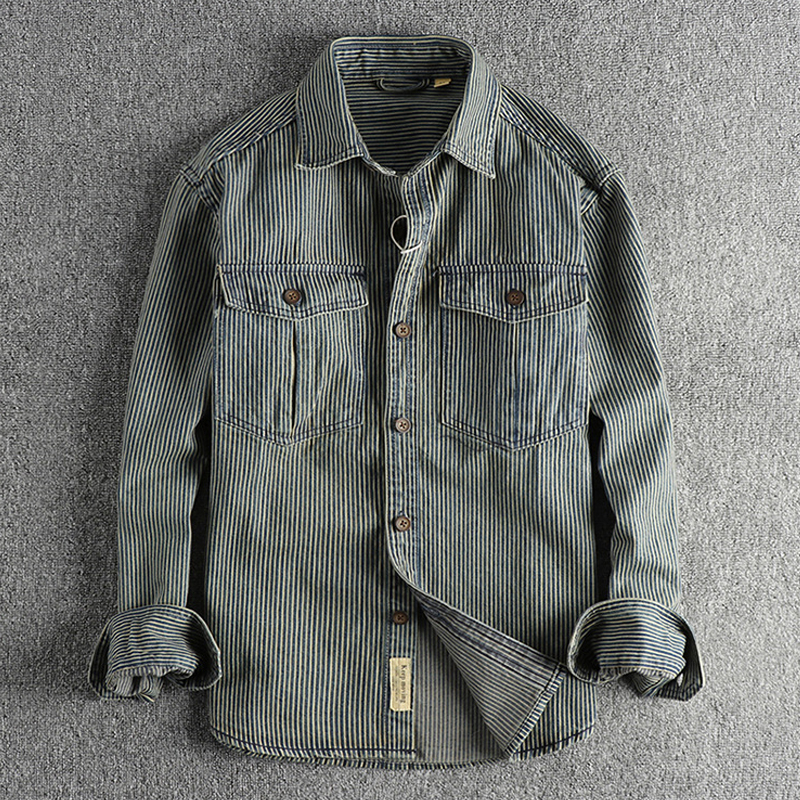 Retro Yarn-Dyed Striped Washed Distressed Workwear Denim Shirt