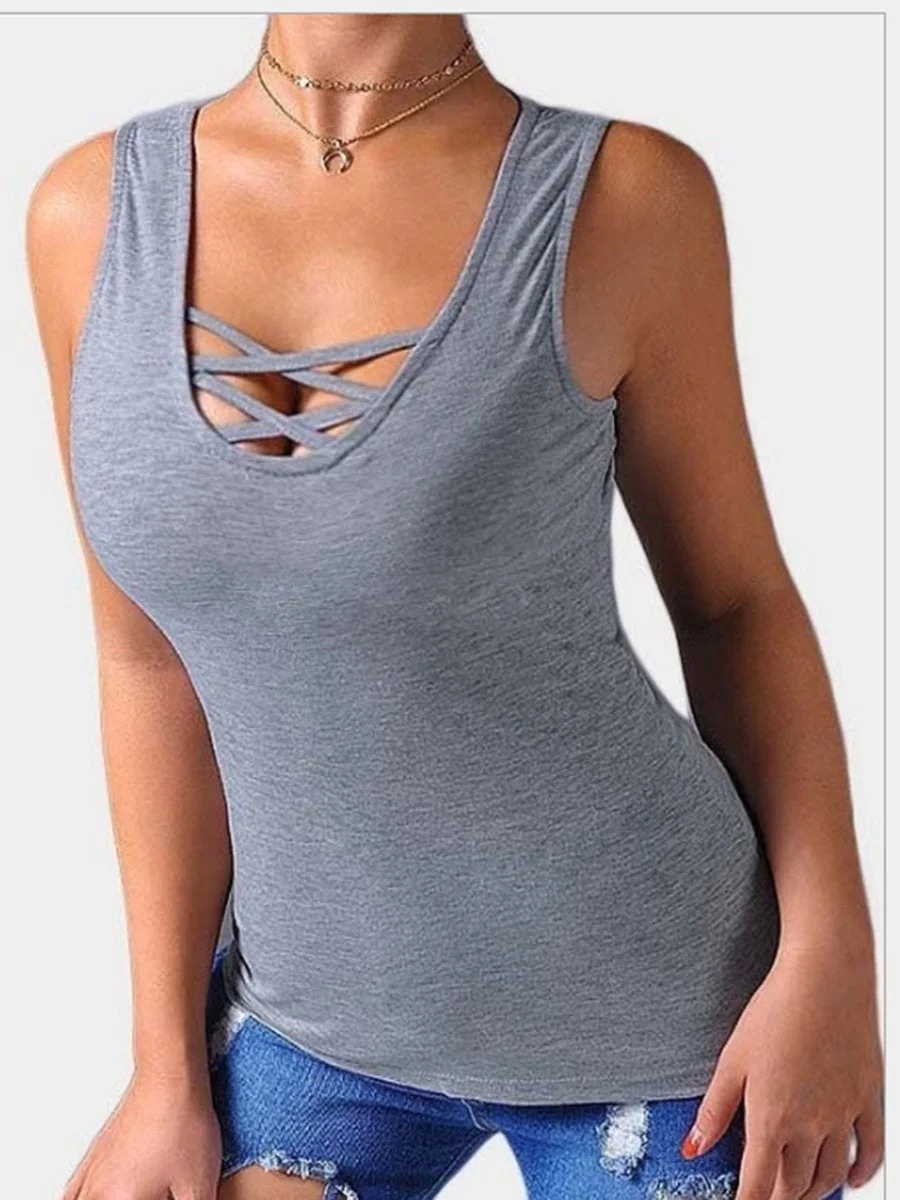 Lace-up Scoop Neck Solid Color Tank Top
