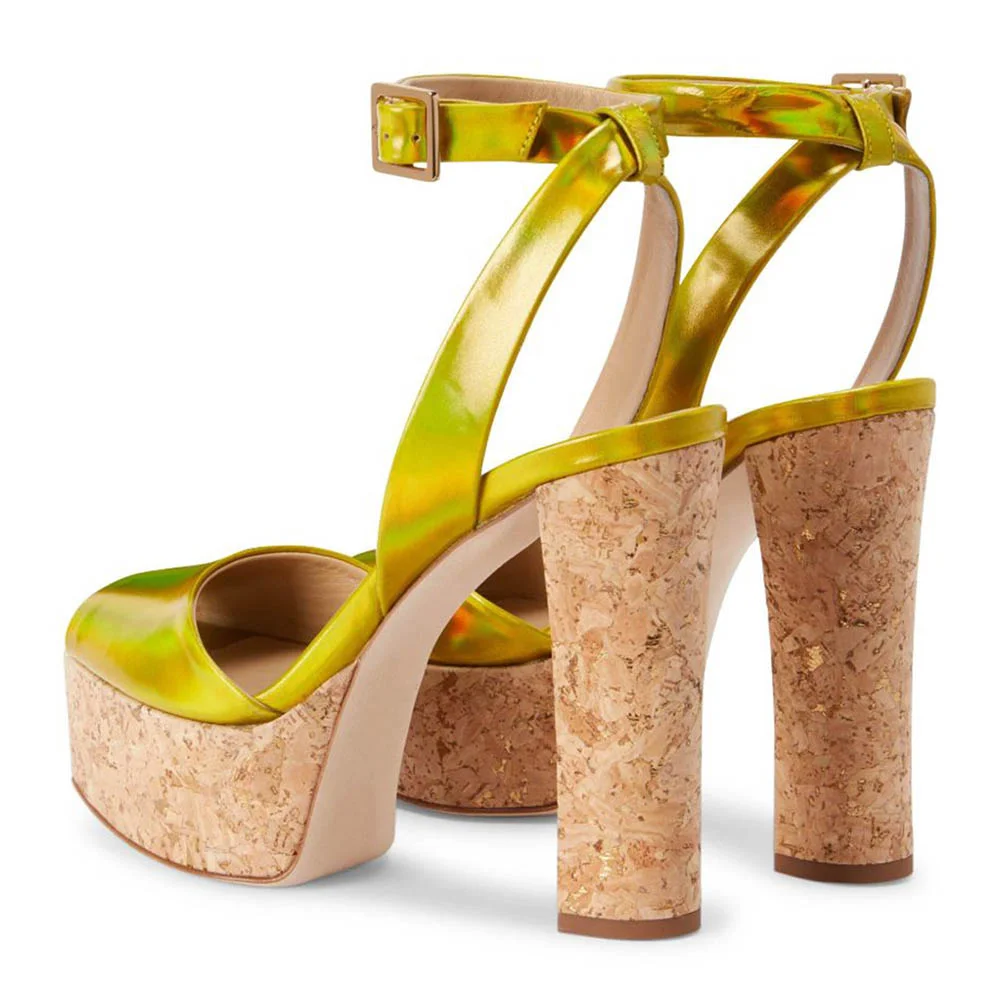 Yellow Laminated Peep Toe Ankle Strap Women's Sandals with Platform