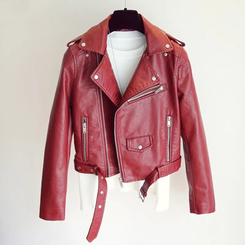 FTLZZ New Women Pu Leather Jacket Fashion Bright Color Black Motor Coats Short Faux Leather Biker Jackets Coat Female