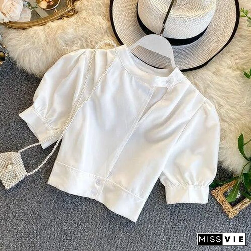 Women's Hollow Short Puff Sleeve Short Crop Tops Lady Round Neck Sexy Shirt  Camisas Mujer  Blusas Mujer De Moda Blouse K693