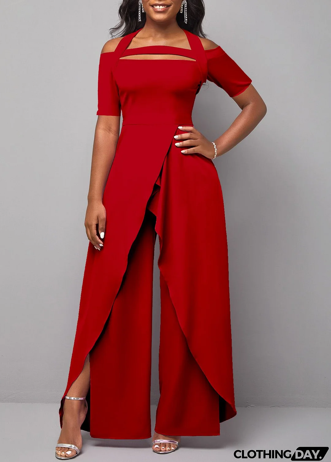 Red Plus Size Short Sleeve Halter Cold Shoulder Jumpsuit