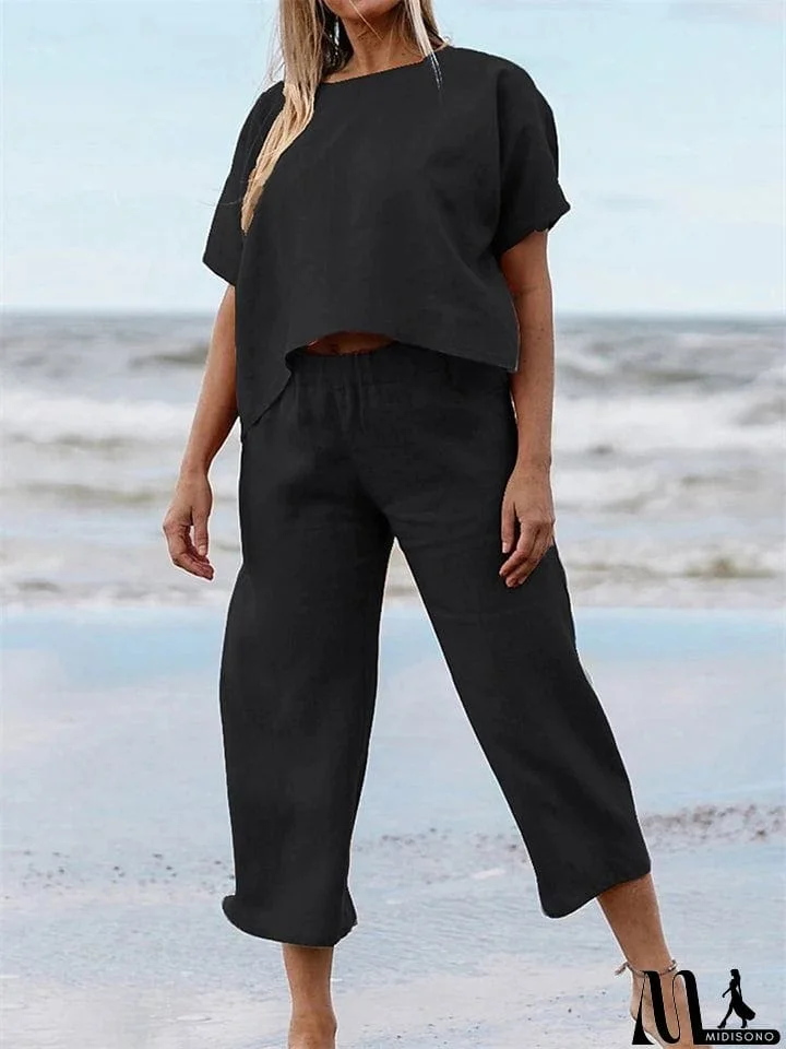 MidiSono - Women's Beach Plain Short Sleeve Pullover Cotton Linen Set