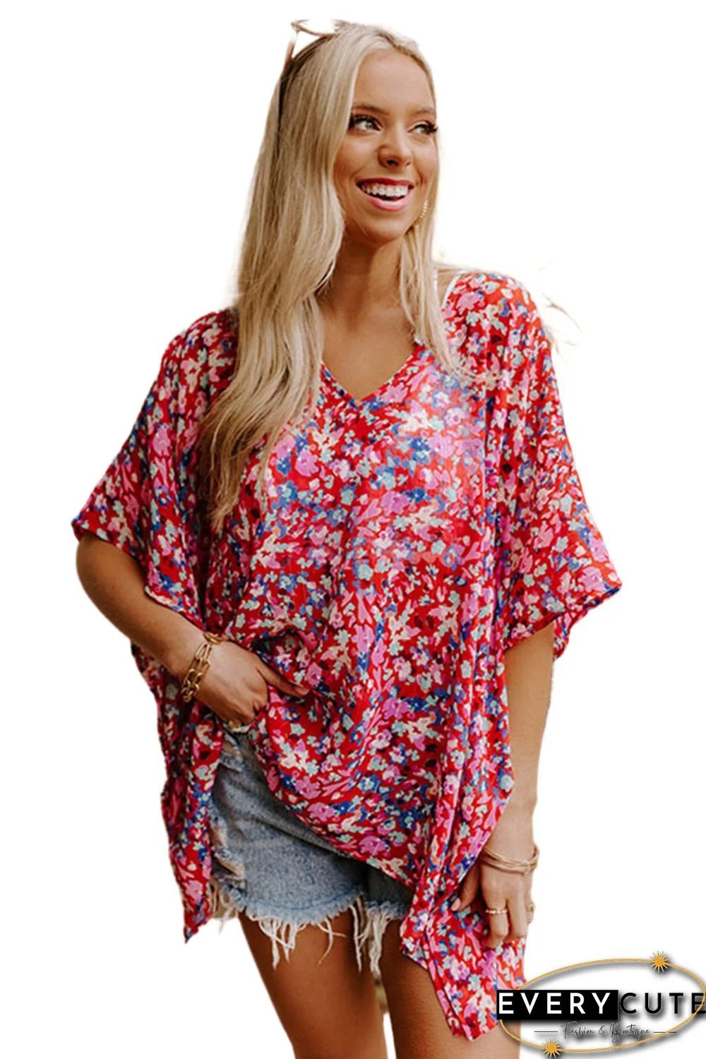 Red Abstract Floral Print Oversize Tunic Top