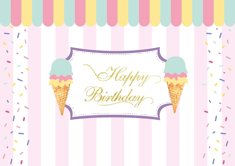 Sweet Ice Cream Gold Happy Birthday Backdrop For Girl RedBirdParty