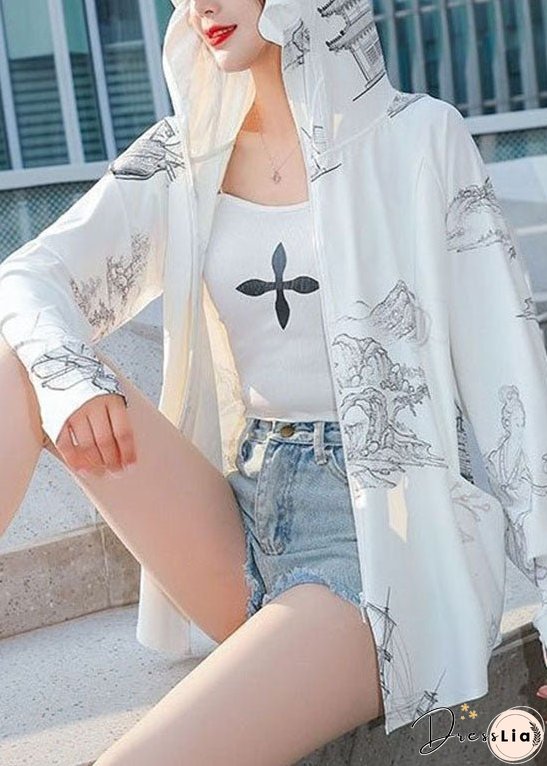 Style White Zip Up Pockets Print Patchwork Ice Silk UPF 50+ Coat Summer