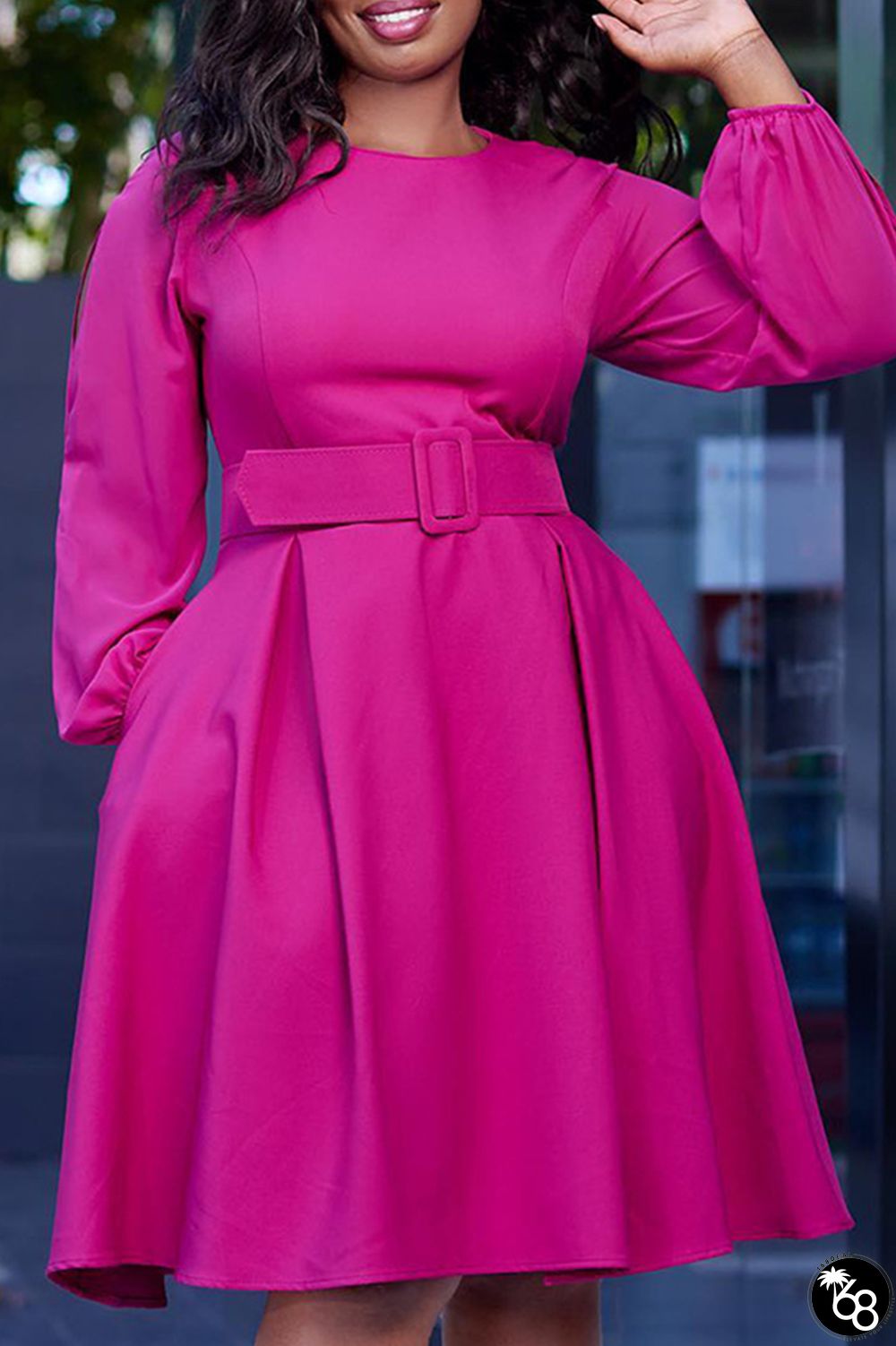 Rose Red Elegant Solid Patchwork Zipper O Neck A Line Dresses(With Belt) | 168DEAL