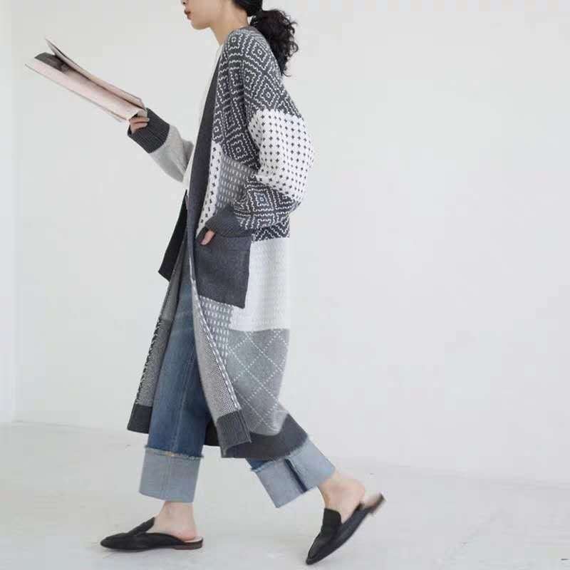 Lazy Over-the-knee Loose Contrast Jacquard Long Sweater | EGEMISS