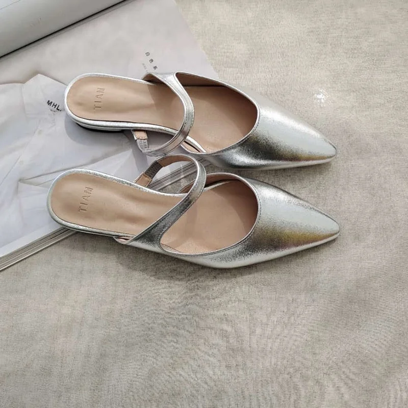 South Korea Net Red Pointed Half Slippers 2020 Summer New Silver Color Baotou Flat Slipper Women's Slipper Lazy
