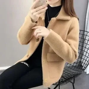 Plus size Cardigan Women Coat  2020 New Autumn Winter Korean  Elegant Women Slim Imitation Mink Velvet V-neck Knit Button Jacket