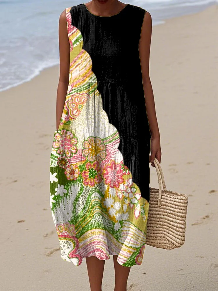 Women's Vintage Floral Art Print Sleeveless Cotton Pocket Wrap Dress