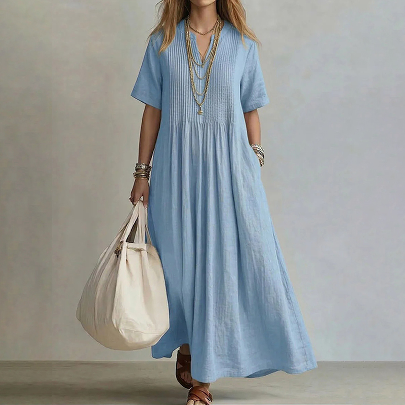 Comstylish Women's Retro Solid Color Loose V-neck Short-sleeve Pleated Cotton Linen Dress