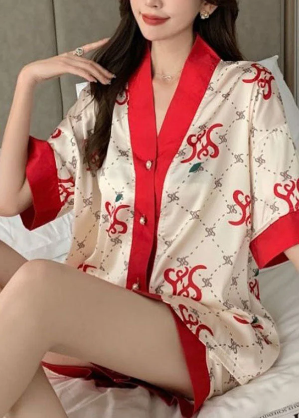 Red Print Patchwork Ice Silk Pajamas Two-Piece Set V Neck Summer