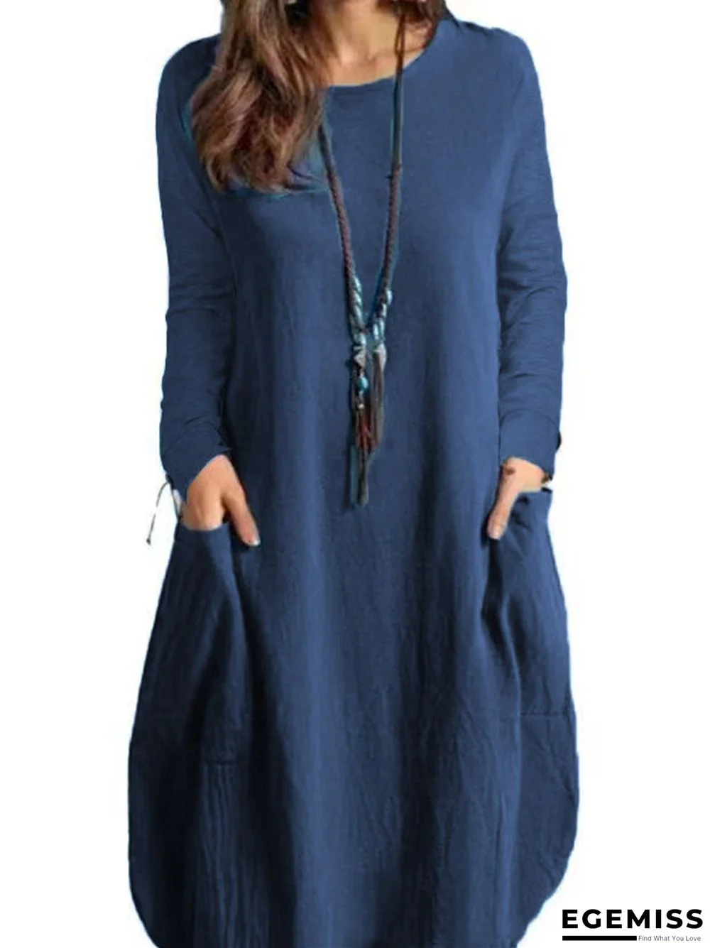 Cotton Linen Loose Casual Solid Color Pocket Long Sleeved Dress | EGEMISS
