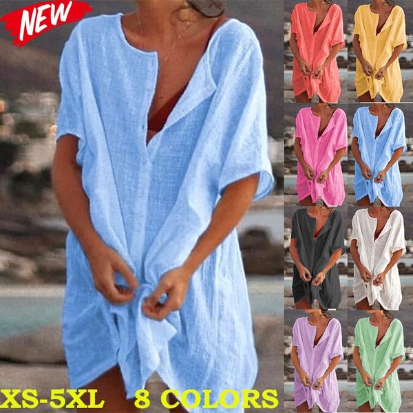 Fashion Summer Clothes Women's Casual Short Sleeve Dresses Beach Wear Robe Femme Swimwear Cover-up Linen Dress Loose Blouses Long T-shirt Deep V-neck Solid Color Swimsuit Cover-ups Dress Mini Party Dress - Life is Beautiful for You - SheChoic