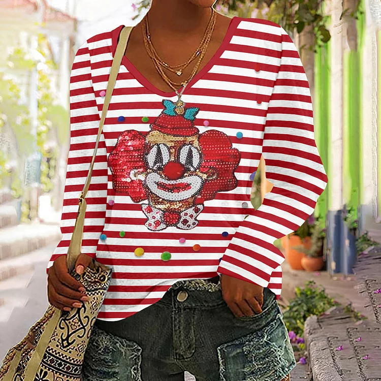 KÖLner Karneval Clown Print V-Neck Long Sleeved T-Shirt