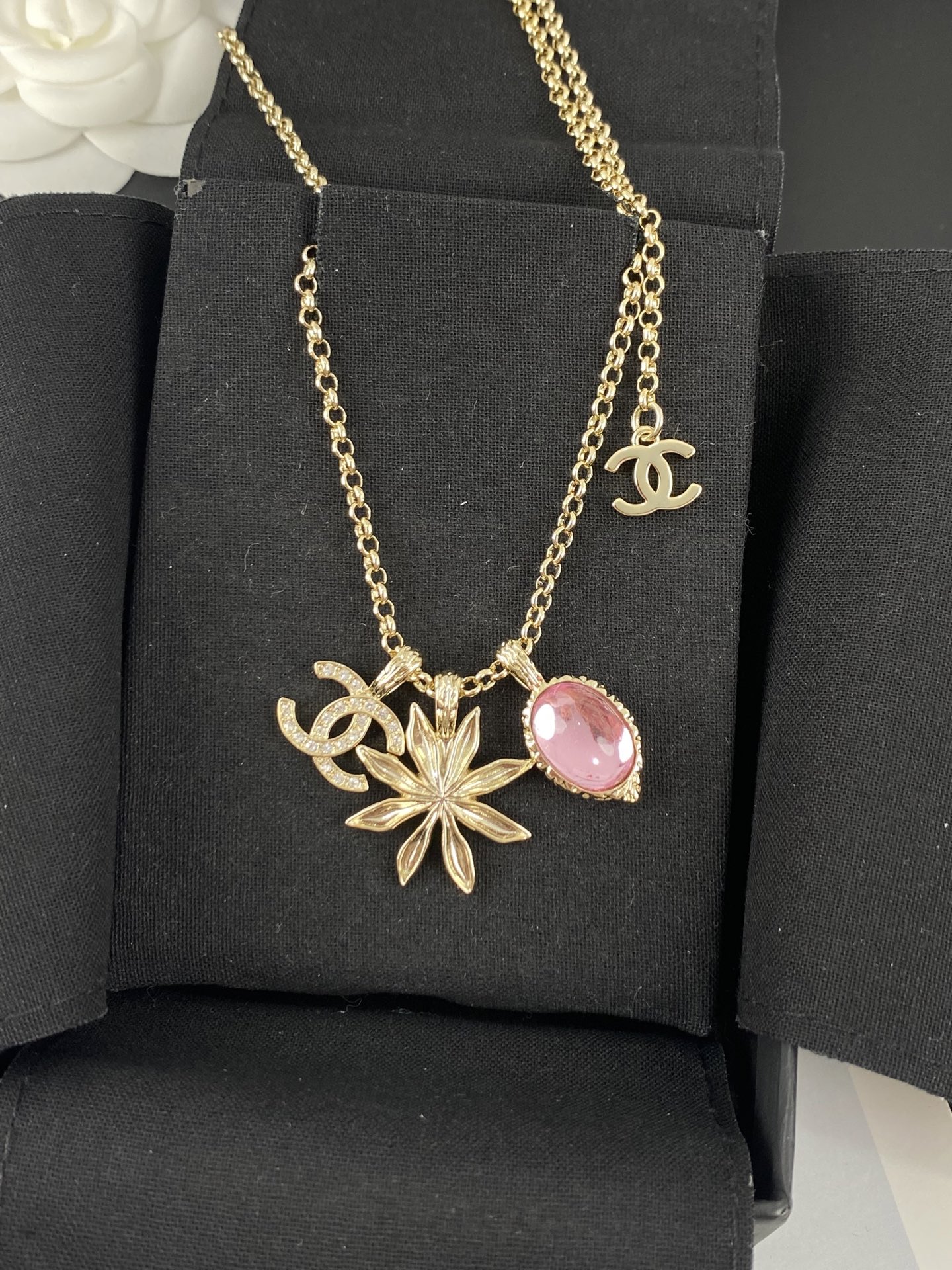 Chanel Pink Diamond Sunflower CC Pendant Necklace