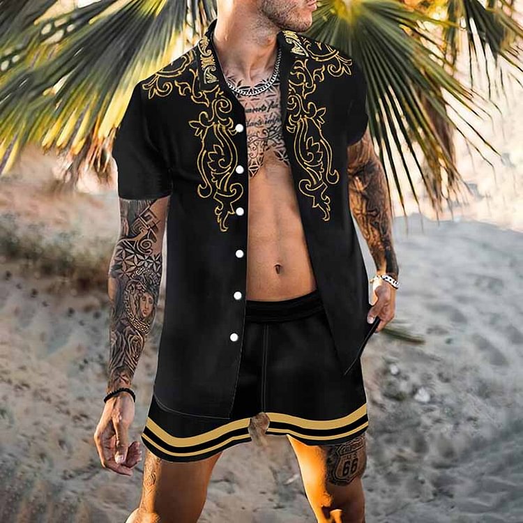 BrosWear Stand Collar Court Flower Shirts And Shorts Beach Two Piece Set
