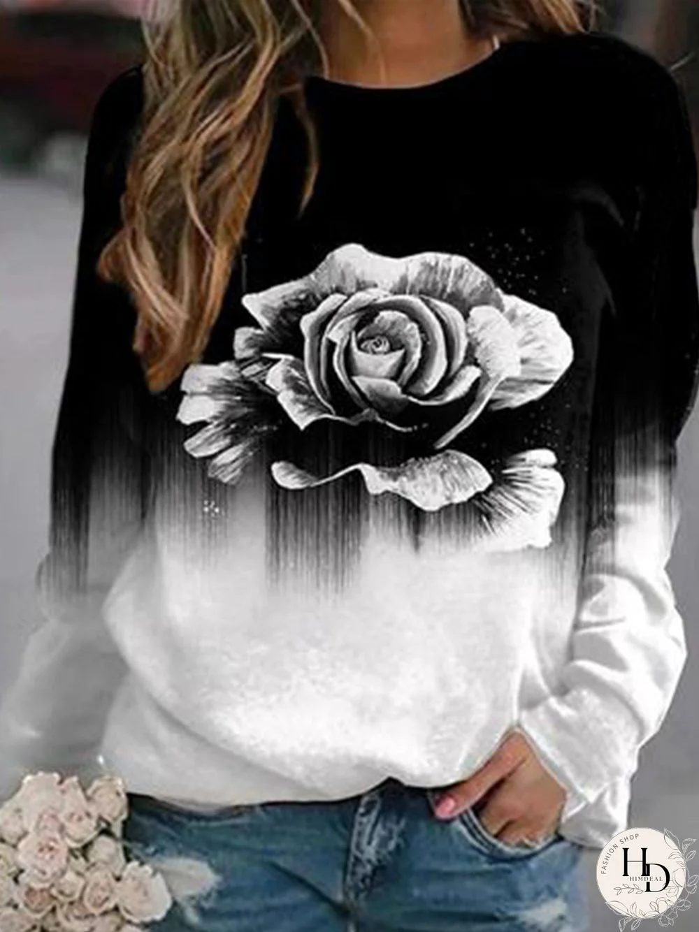 Round Neck Printed Long Sleeve T-shirt