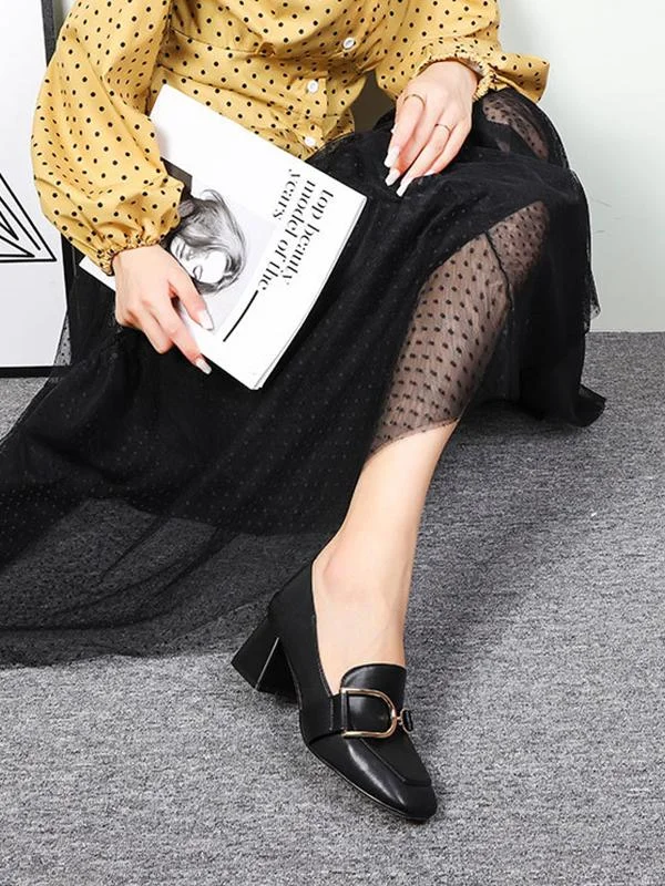 Metal buckle casual high-heel loafers thick heel square toe two-wear women's shoes