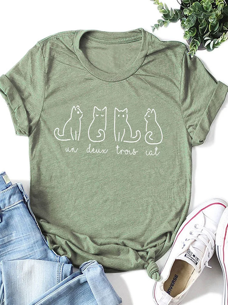 Cat And Letter Print Round Neck Short Sleeve T-shirt