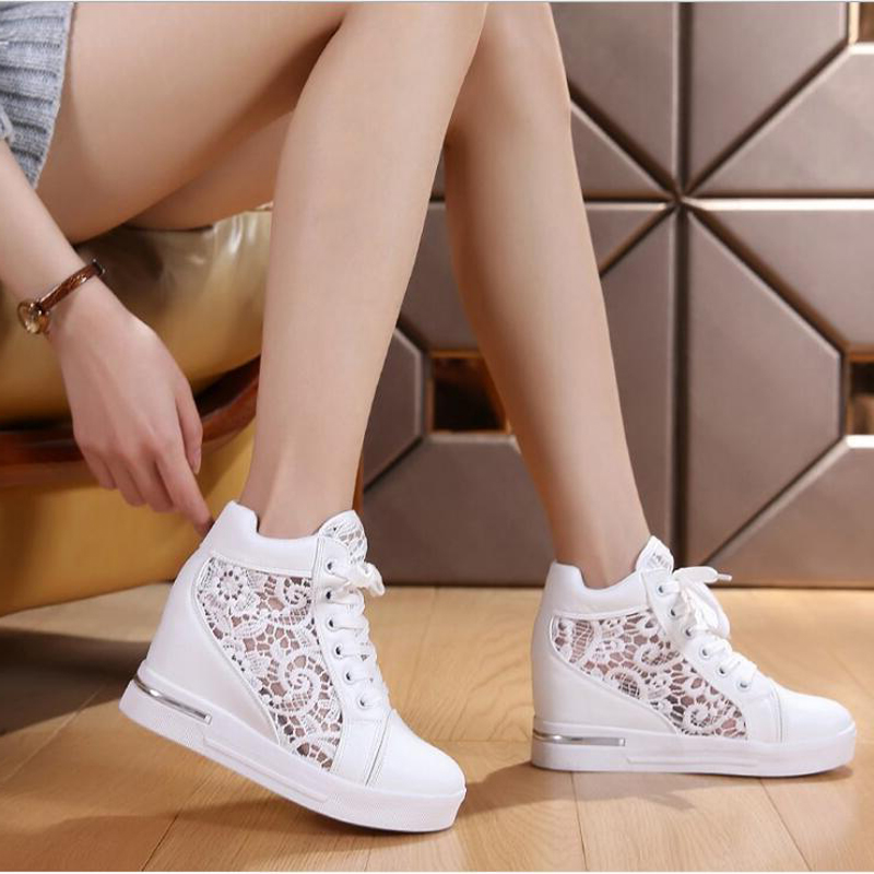 Yyvonne 2022 New Women Wedge Platform Sneakers Rubber Leather High Heels Lace Up Shoes Height Increasing White Thick Bottom 40