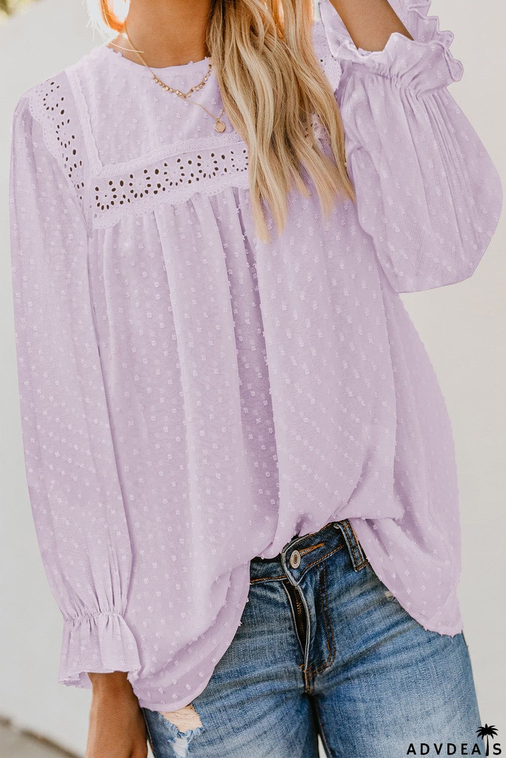 Swiss Dot Hollow Out Ruffle Sleeve Blouse