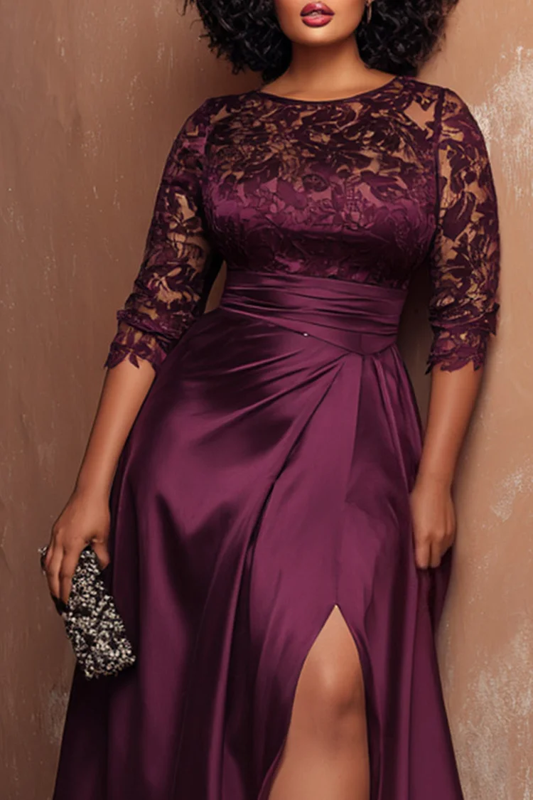 Xpluswear Design Plus Size Formal Purple Round Neck Half Sleeve Split Elegant See Through Lace Satin Maxi Dresses [Pre-Order]