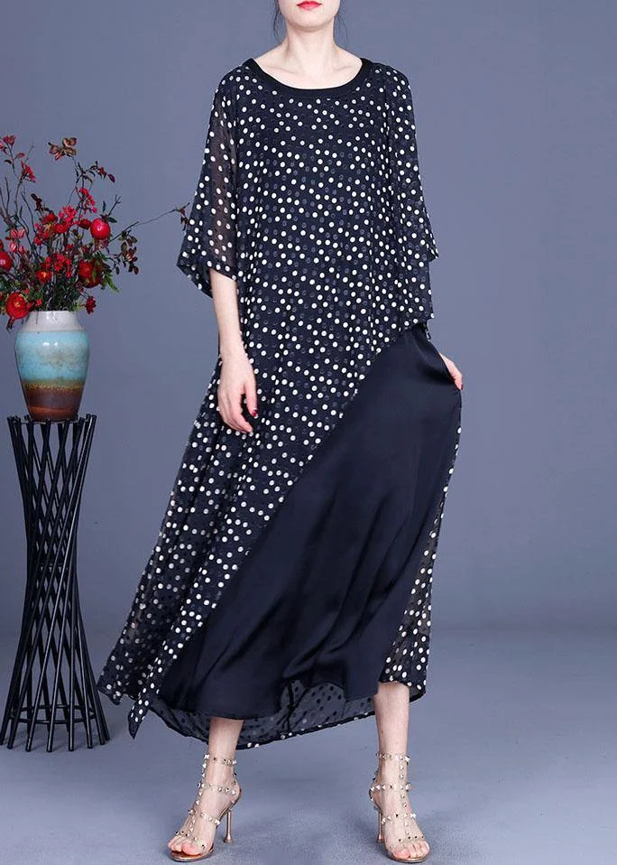 Plus Size Black Patchwork Dot Summer Silk Sundress Half Sleeve