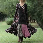 Women's Vintage Pink Rose And Plaid Patchwork Long-sleeved Dress - Image 2