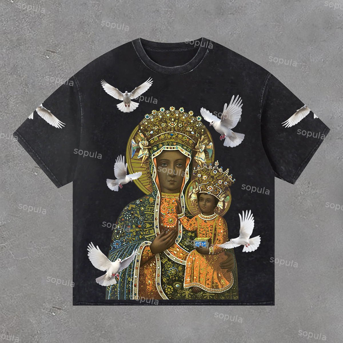 Sopula Men's Black Madonna And Child Acid Washed T-Shirt - SOPULA