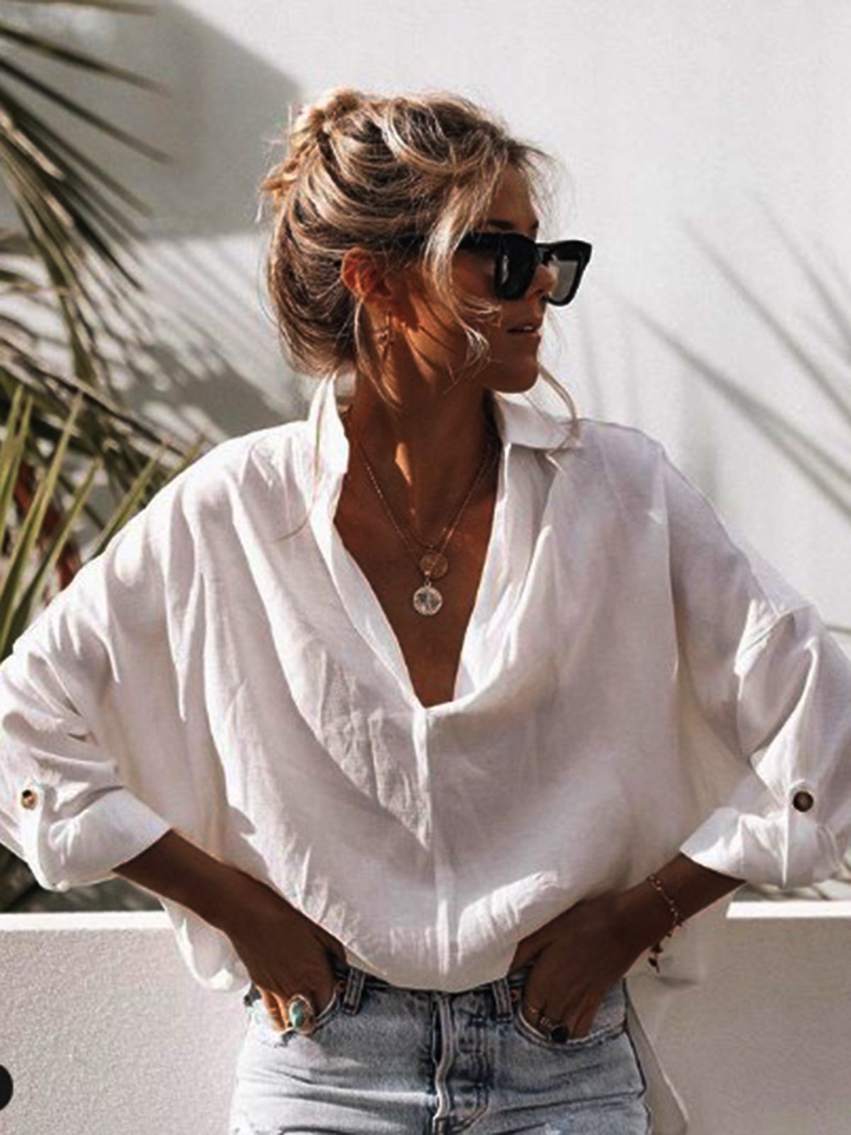 Cotton-Blend Casual Long Sleeve Shirts & Tops