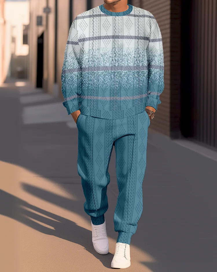 Men's Textured Jacquard Round Neck Casual Sports Set  012