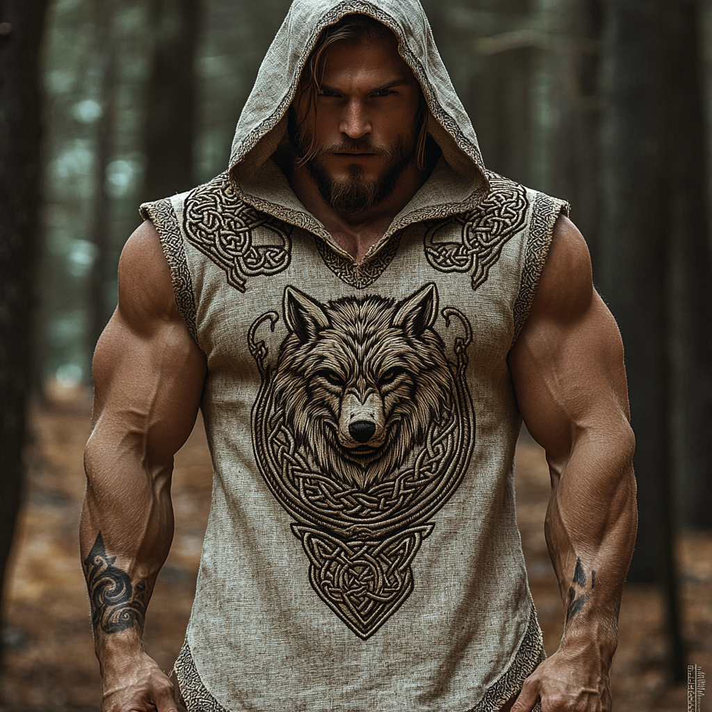Comstylish Men's Viking Celtic Wolf Art Linen Hooded Vest