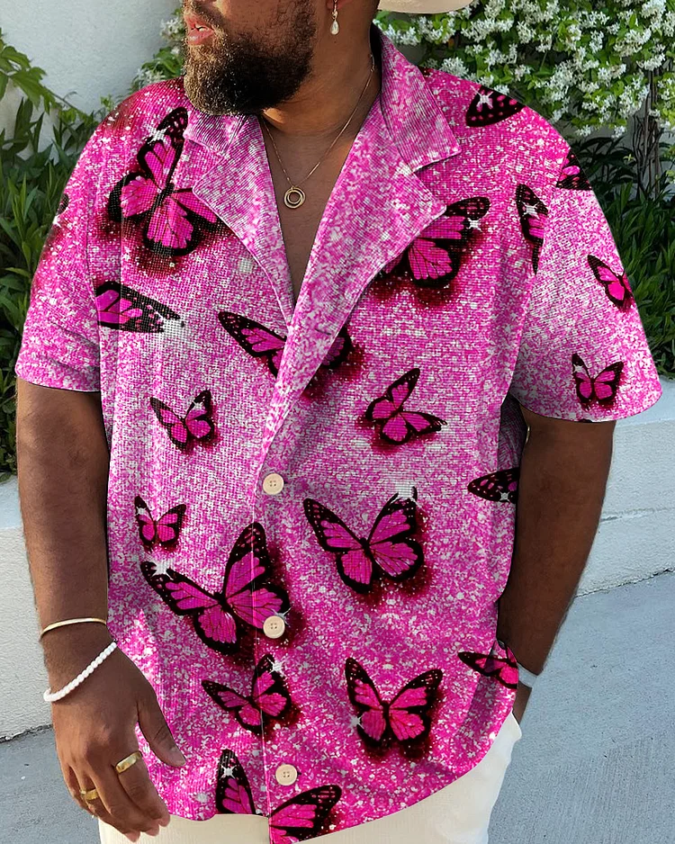 Men's Plus Size Casual Pink Artistic Butterfly Shirt